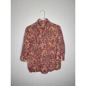 VTG Gramicci Women M Button Up Shirt Anthropologie Floral Pink Roll Tab Blouse